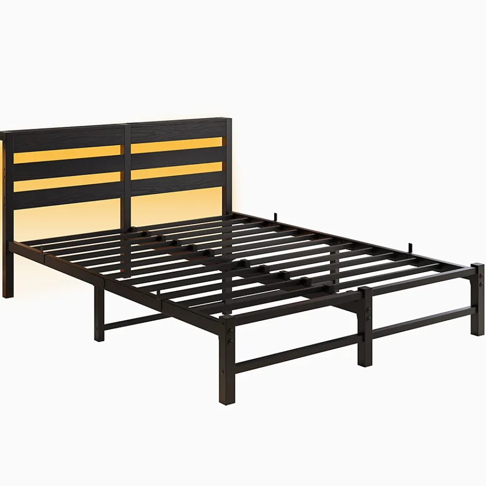 Okwish Lit Double 140x200 cm, Lit Métal Ado avec Éclairage LED et Prises USB, Rangement dessous, Sans Matelas, Métal et Bois, Noir* Lit Double
