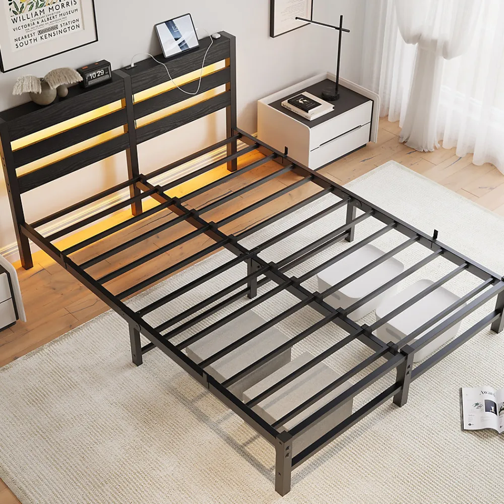 Okwish Lit Double 140x200 cm, Lit Métal Ado avec Éclairage LED et Prises USB, Rangement dessous, Sans Matelas, Métal et Bois, Noir* Lit Double