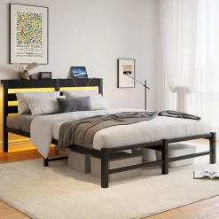 Okwish Lit Double 140x200 cm, Lit Métal Ado avec Éclairage LED et Prises USB, Rangement dessous, Sans Matelas, Métal et Bois, Noir* Lit Double