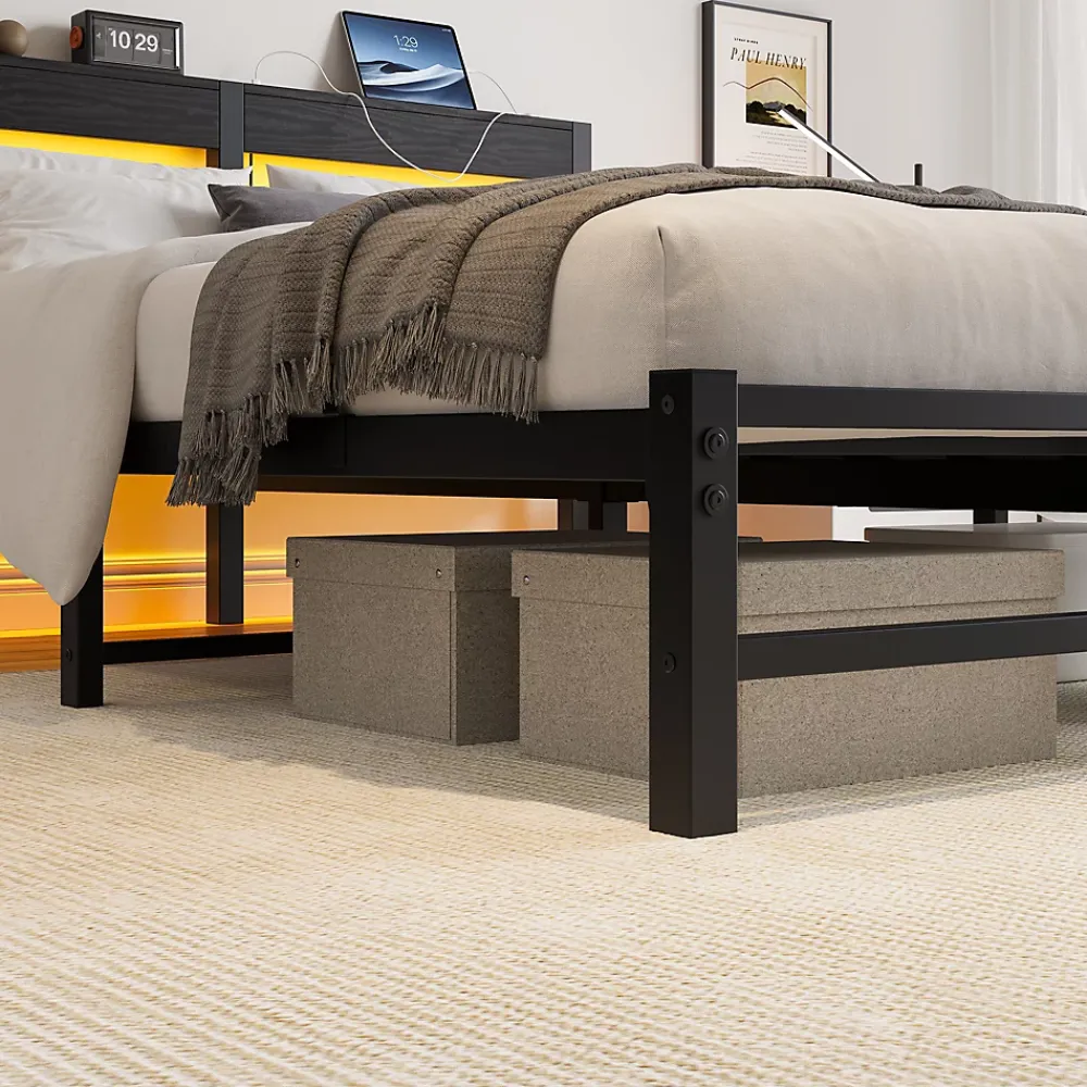 Okwish Lit Double 140x200 cm, Lit Métal Ado avec Éclairage LED et Prises USB, Rangement dessous, Sans Matelas, Métal et Bois, Noir* Lit Double