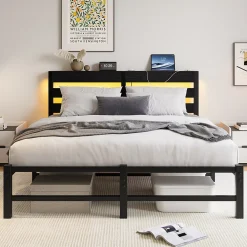Okwish Lit Double 140x200 cm, Lit Métal Ado avec Éclairage LED et Prises USB, Rangement dessous, Sans Matelas, Métal et Bois, Noir* Lit Double