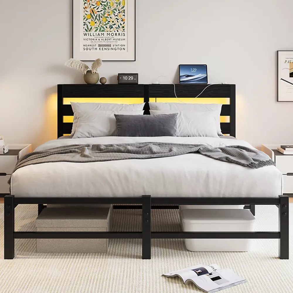 Okwish Lit Double 140x200 cm, Lit Métal Ado avec Éclairage LED et Prises USB, Rangement dessous, Sans Matelas, Métal et Bois, Noir* Lit Double
