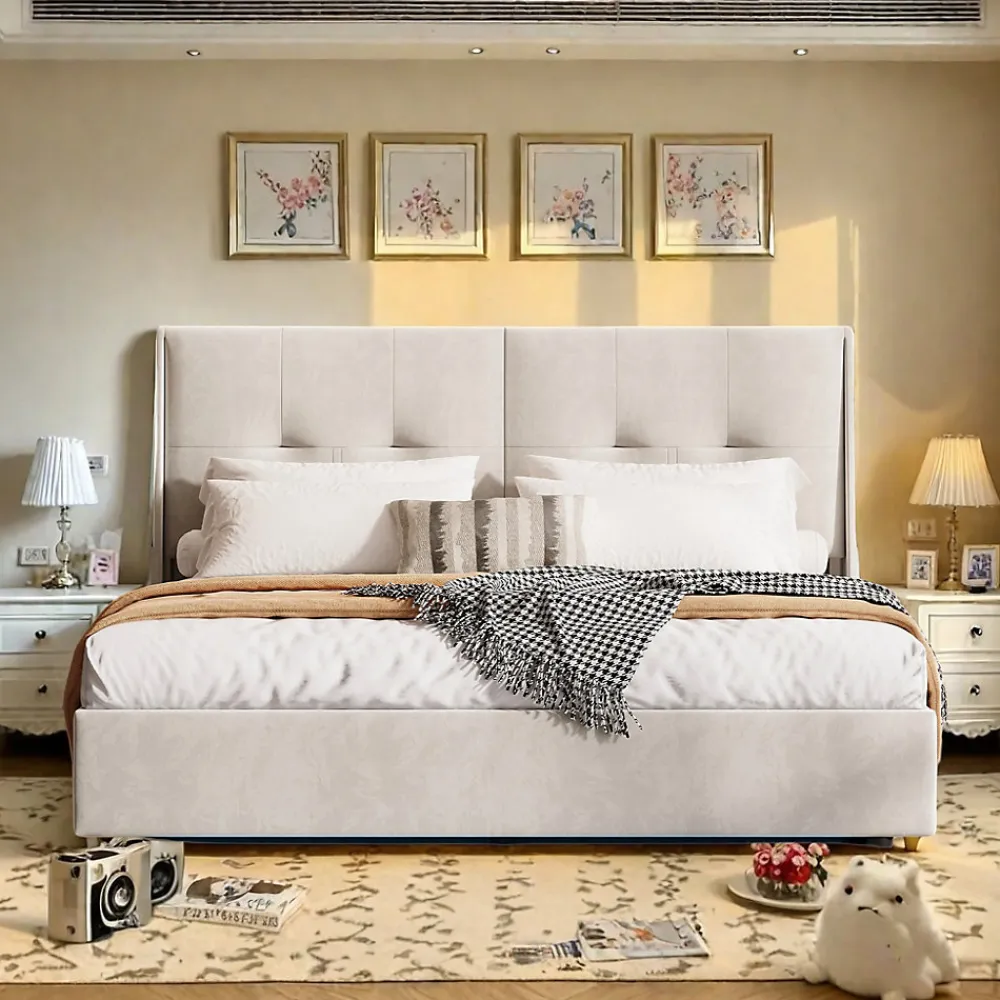 Lit double 140x200 cm moderne avec tête rembourrée, LED intégrées et rangement sous sommier, design minimaliste beige>ProximaX New