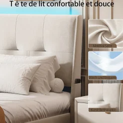 Lit double 140x200 cm moderne avec tête rembourrée, LED intégrées et rangement sous sommier, design minimaliste beige><noscript><img width=