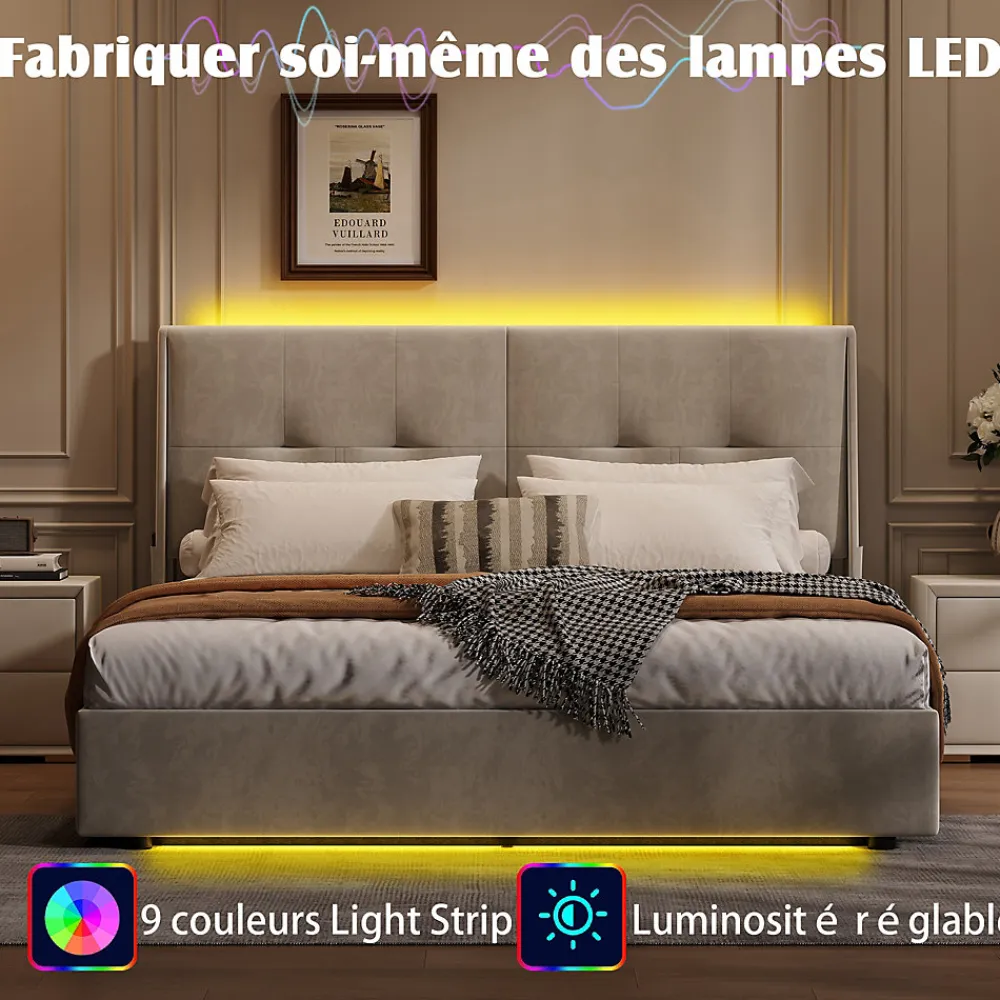 Lit double 140x200 cm moderne avec tête rembourrée, LED intégrées et rangement sous sommier, design minimaliste beige>ProximaX New