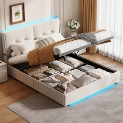 Lit double 140x200 cm moderne avec tête rembourrée, LED intégrées et rangement sous sommier, design minimaliste beige><noscript><img width=