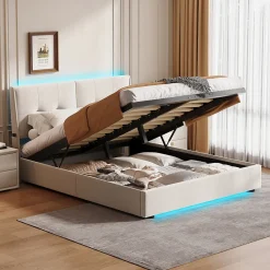 Lit double 140x200 cm moderne avec tête rembourrée, LED intégrées et rangement sous sommier, design minimaliste beige><noscript><img width=