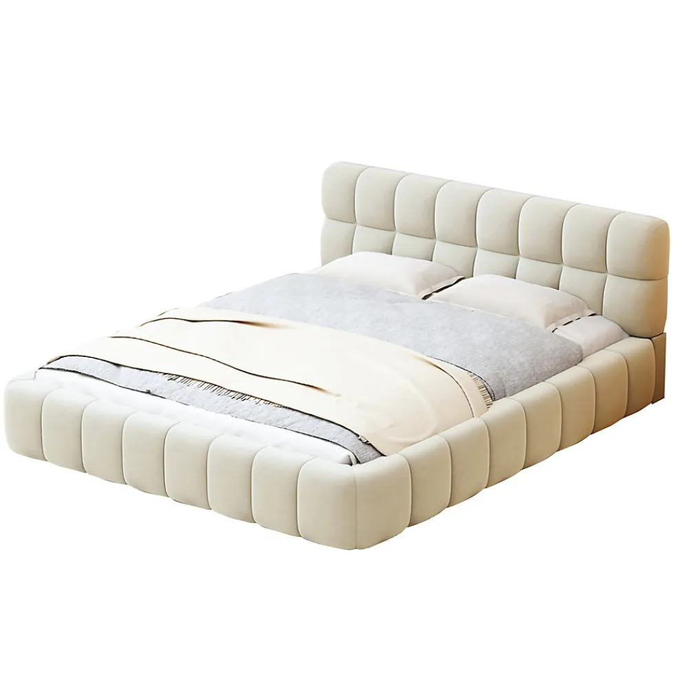 Lit double 160x200 cm pour jeune avec dossier et bordure rembourrés, sommier à lattes, lin, matelas non inclus, Beige>ProximaX New