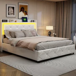 Lit double 160x200 cm PU blanc capitonné cristal avec coffre hydraulique, ports de charge et lumière LED><noscript><img width=