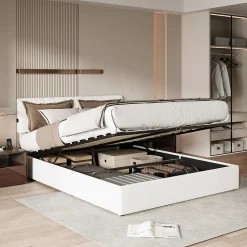 Lit double 160x200 cm, rangement à vérin hydraulique, tête de lit USB, cadre robuste, bouclette, Crème><noscript><img width=