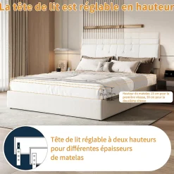 Lit double 160x200 cm, rangement à vérin hydraulique, tête de lit USB, cadre robuste, bouclette, Crème><noscript><img width=