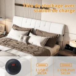 Lit double 160x200 cm, rangement à vérin hydraulique, tête de lit USB, cadre robuste, bouclette, Crème><noscript><img width=