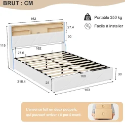 Simple Life Lit double 160x200 cm, rangement à vérin hydraulique, tête de lit USB, LED, effet pierre, PU, Blanc* Lit Coffre