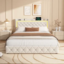 Lit double 140x200 cm, rangement, tête de lit étagères, LED, USB Type-C, Velours, Beige>Simple Life Hot