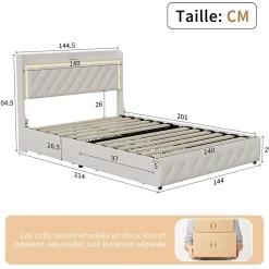 Lit double 140x200 cm, rangement, tête de lit étagères, LED, USB Type-C, Velours, Beige>Simple Life Hot