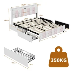 Lit double 140x190 cm, rangement, tête LED multicolore, USB, 4 tiroirs, Velours, Blanc Rose>Simple Life Hot