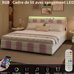 Lit double 140x190 cm, rangement, tête LED multicolore, USB, 4 tiroirs, Velours, Blanc Rose><noscript><img width=