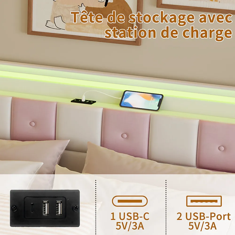 Lit double 140x190 cm, rangement, tête LED multicolore, USB, 4 tiroirs, Velours, Blanc Rose>Simple Life Hot