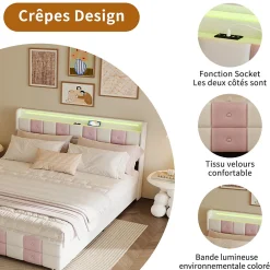 Lit double 140x190 cm, rangement, tête LED multicolore, USB, 4 tiroirs, Velours, Blanc Rose><noscript><img width=