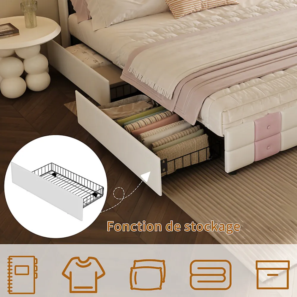 Lit double 140x190 cm, rangement, tête LED multicolore, USB, 4 tiroirs, Velours, Blanc Rose>Simple Life Hot