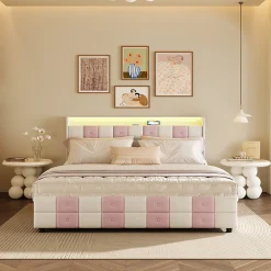 Lit double 140x190 cm, rangement, tête LED multicolore, USB, 4 tiroirs, Velours, Blanc Rose><noscript><img width=