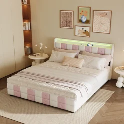 Lit double 140x190 cm, rangement, tête LED multicolore, USB, 4 tiroirs, Velours, Blanc Rose><noscript><img width=
