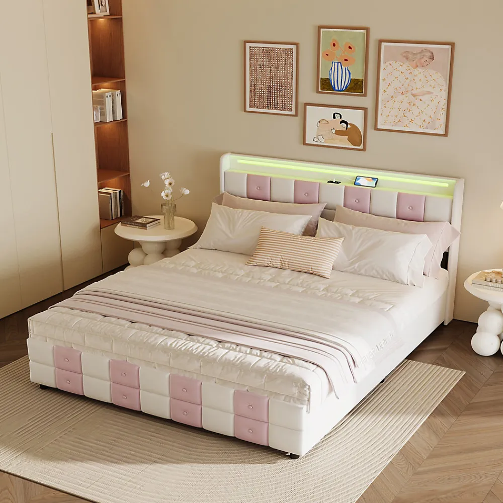 Lit double 140x190 cm, rangement, tête LED multicolore, USB, 4 tiroirs, Velours, Blanc Rose>Simple Life Hot