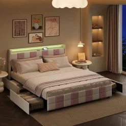 Lit double 140x190 cm, rangement, tête LED multicolore, USB, 4 tiroirs, Velours, Blanc Rose><noscript><img width=