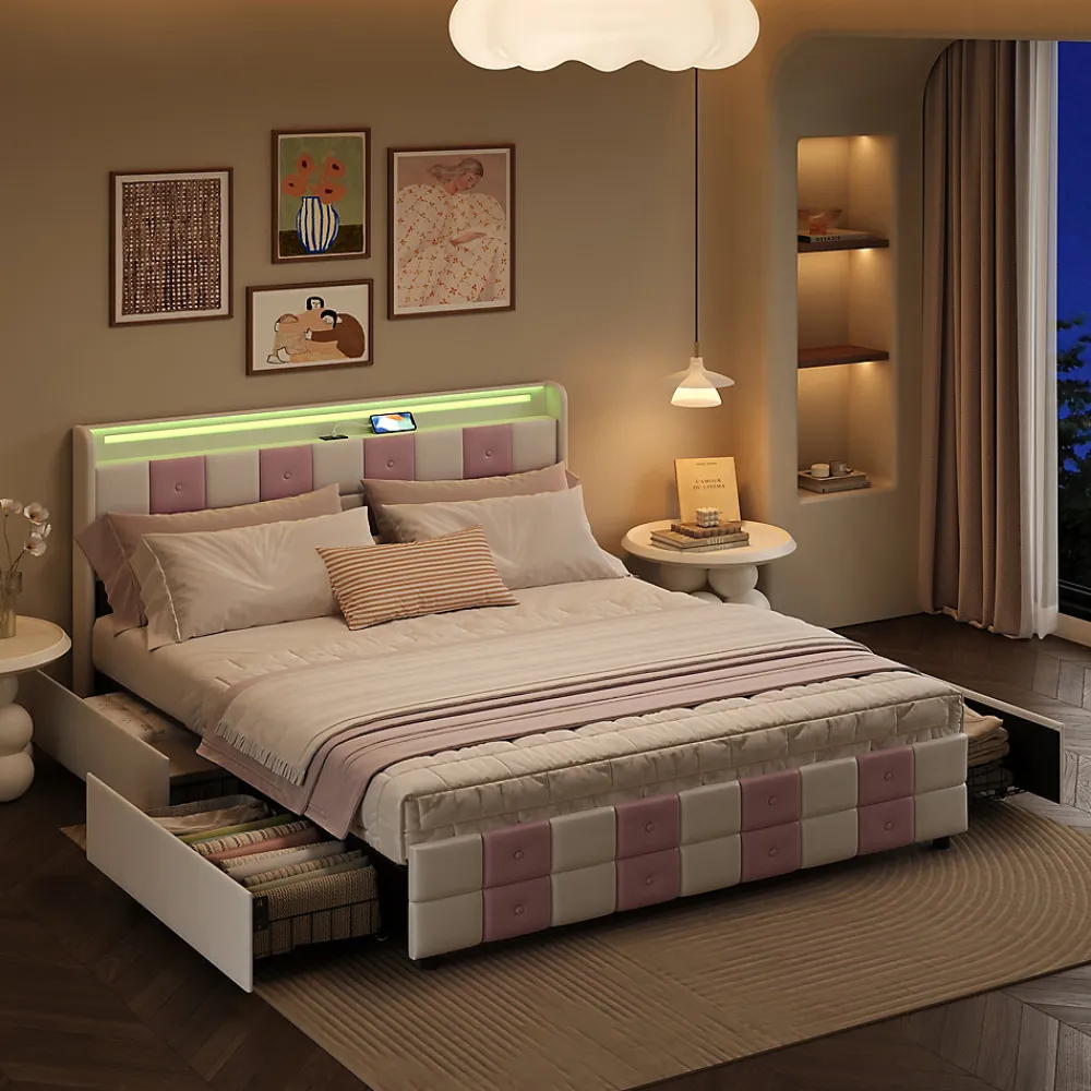 Lit double 140x190 cm, rangement, tête LED multicolore, USB, 4 tiroirs, Velours, Blanc Rose>Simple Life Hot