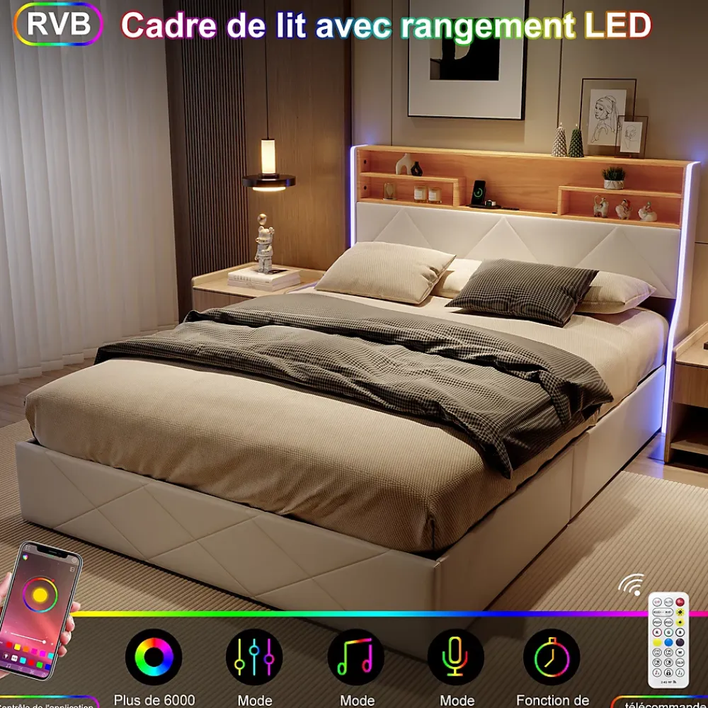 Simple Life Lit double 140x200 cm, rangement à vérin hydraulique, tête de lit USB, LED, effet pierre, PU, Blanc* Lit Coffre