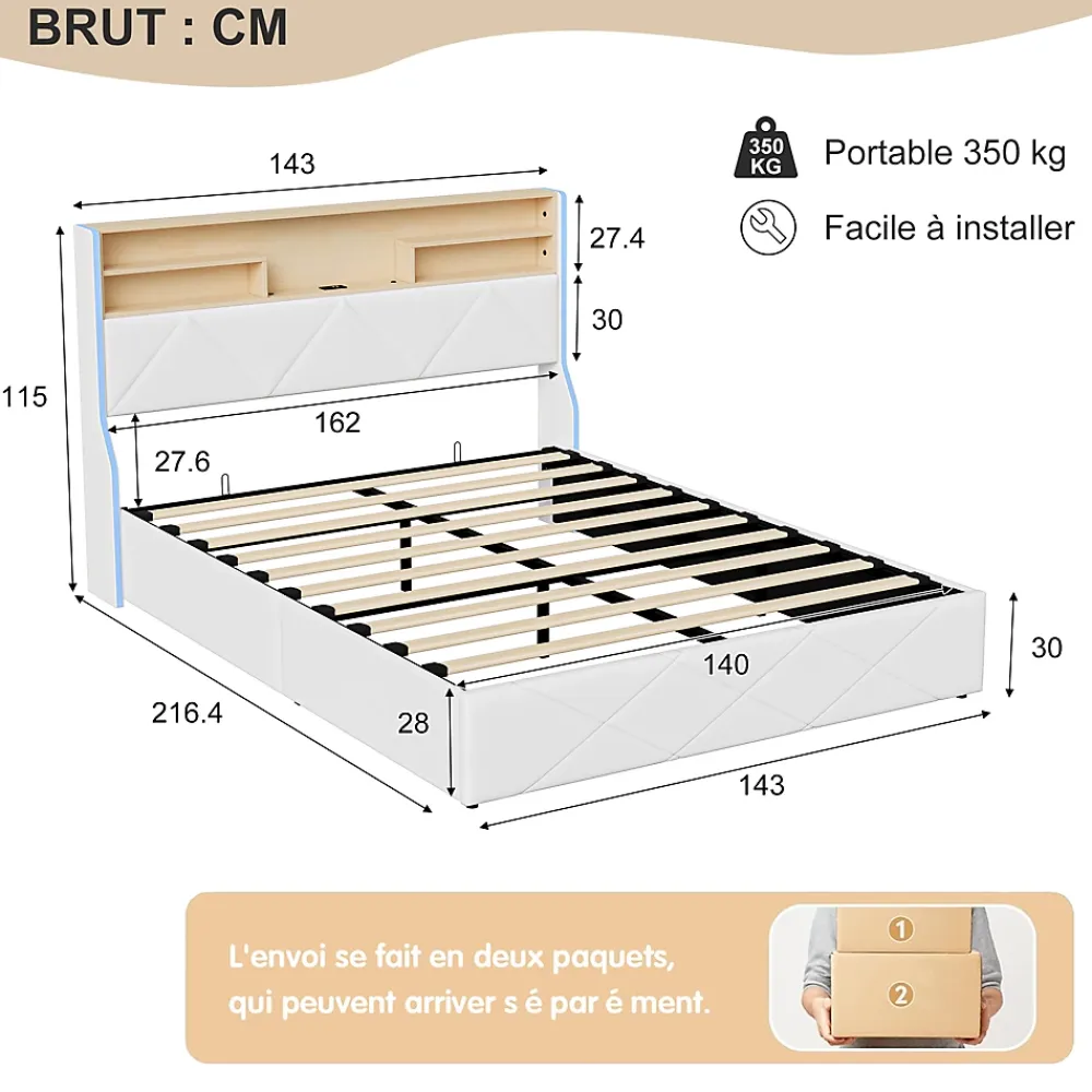 Simple Life Lit double 140x200 cm, rangement à vérin hydraulique, tête de lit USB, LED, effet pierre, PU, Blanc* Lit Coffre