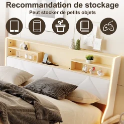 Simple Life Lit double 140x200 cm, rangement à vérin hydraulique, tête de lit USB, LED, effet pierre, PU, Blanc* Lit Coffre