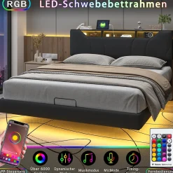 Lit double 140x200 cm rembourré gris en PU avec LED, ports USB, tête de lit et coffre de rangement><noscript><img width=