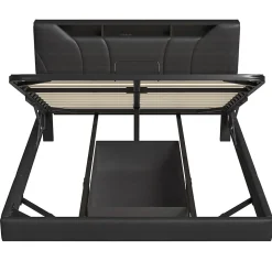 Lit double 140x200 cm rembourré gris en PU avec LED, ports USB, tête de lit et coffre de rangement><noscript><img width=