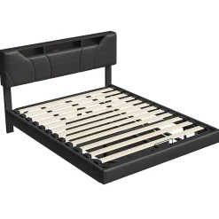 Lit double 140x200 cm rembourré gris en PU avec LED, ports USB, tête de lit et coffre de rangement><noscript><img width=