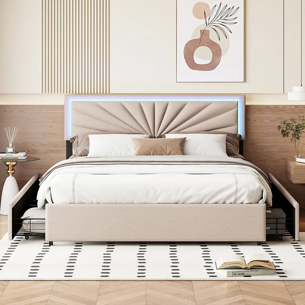 Lit double 160x200 cm rembourré avec 4 tiroirs, tête de lit avec rangement, LED, sommier à lattes, beige>Generique Outlet