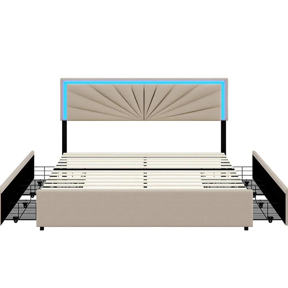 Lit double 160x200 cm rembourré avec 4 tiroirs, tête de lit avec rangement, LED, sommier à lattes, beige>Generique Outlet
