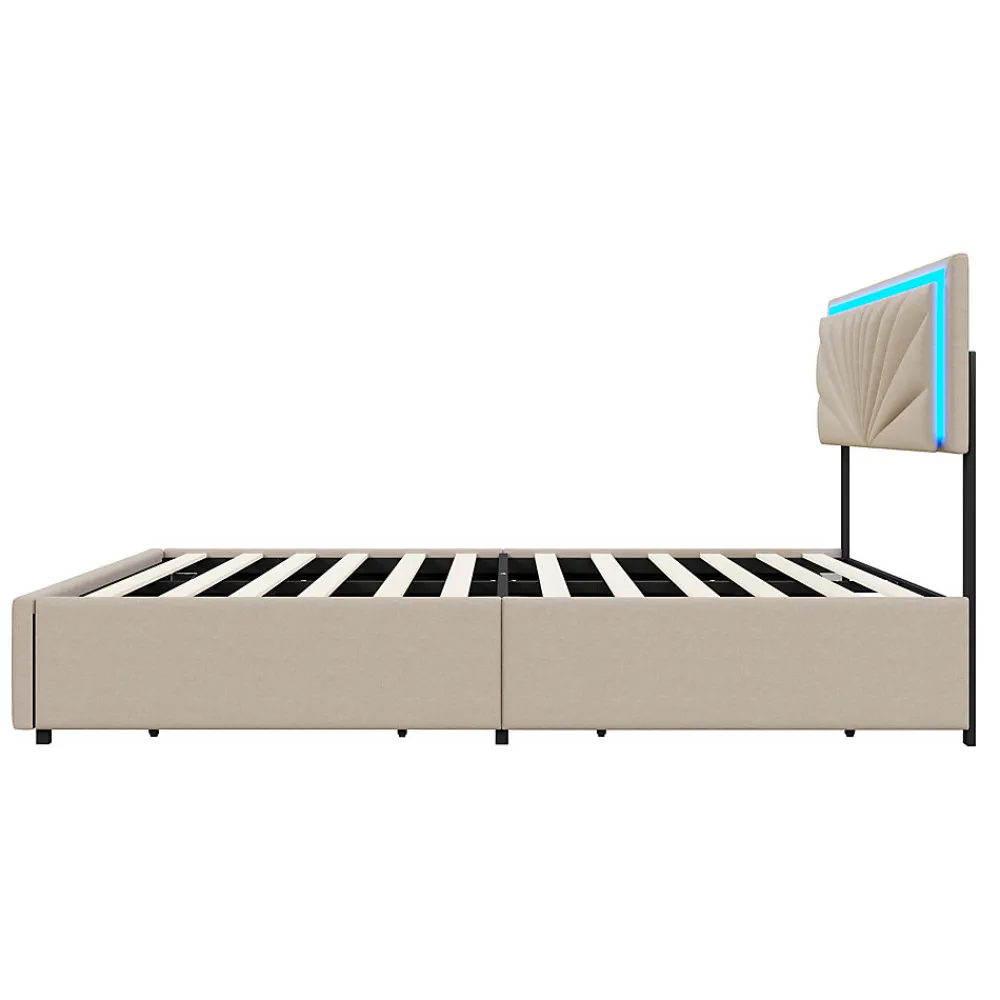 Lit double 160x200 cm rembourré avec 4 tiroirs, tête de lit avec rangement, LED, sommier à lattes, beige>Generique Outlet
