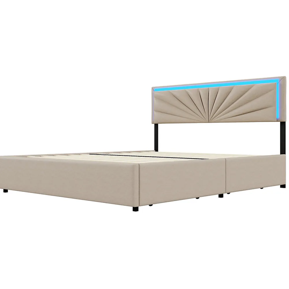 Lit double 160x200 cm rembourré avec 4 tiroirs, tête de lit avec rangement, LED, sommier à lattes, beige>Generique Outlet