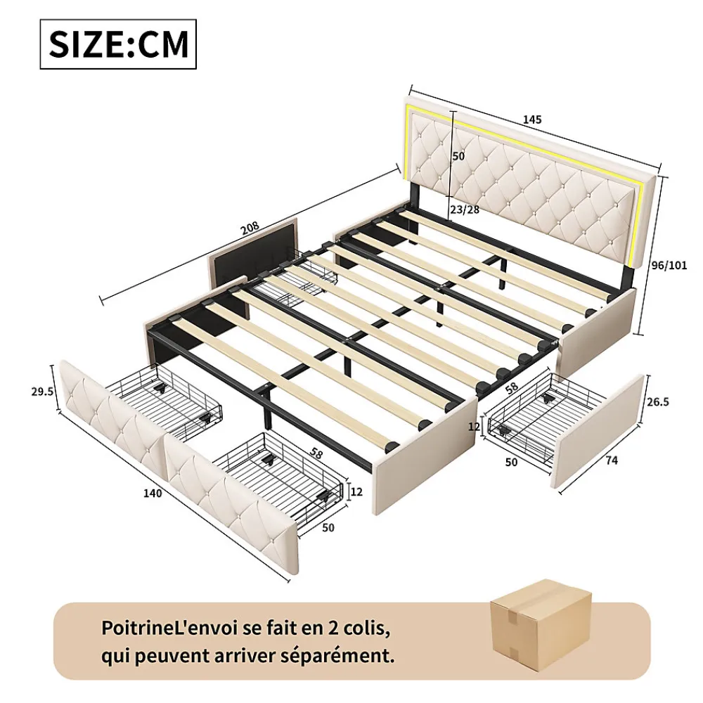 Lit double 140x200 cm rembourré avec LED, tête réglable, 4 tiroirs, coffre de rangement et sommier, Blanc cassé>ProximaX Outlet