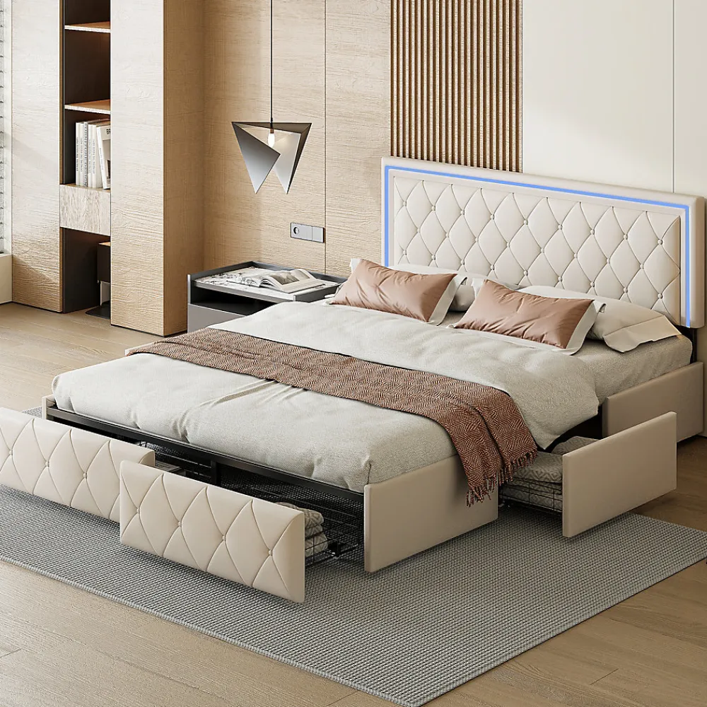 Lit double 140x200 cm rembourré avec LED, tête réglable, 4 tiroirs, coffre de rangement et sommier, Blanc cassé>ProximaX Outlet