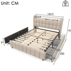 Fortuna lai Lit double 160x200 cm rembourré, tête LED, 4 tiroirs, USB, lin beige, sans matelas* Lit Coffre