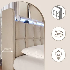 Fortuna lai Lit double 160x200 cm rembourré, tête LED, 4 tiroirs, USB, lin beige, sans matelas* Lit Coffre