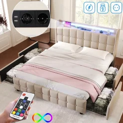 Fortuna lai Lit double 160x200 cm rembourré, tête LED, 4 tiroirs, USB, lin beige, sans matelas* Lit Coffre