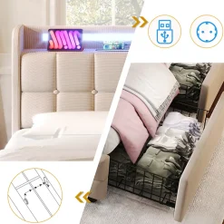 Fortuna lai Lit double 160x200 cm rembourré, tête LED, 4 tiroirs, USB, lin beige, sans matelas* Lit Coffre