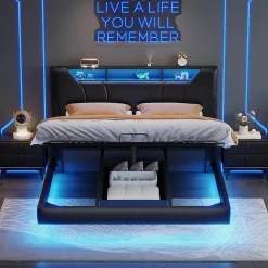 Lit double 140x200 cm rembourré gris en PU avec LED, ports USB, tête de lit et coffre de rangement>ProximaX Sale