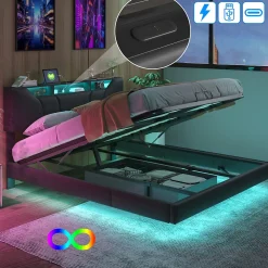 Lit double 140x200 cm rembourré gris en PU avec LED, ports USB, tête de lit et coffre de rangement><noscript><img width=