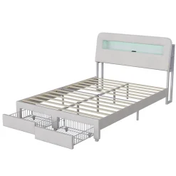 Simple Life Lit double 140x200 cm, tiroirs, tête de lit LED, USB, cadre métal, Velours, Beige* Lit Coffre