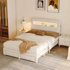 Simple Life Lit double 140x200 cm, tiroirs, tête de lit LED, USB, cadre métal, Velours, Beige* Lit Coffre