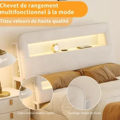 Simple Life Lit double 140x200 cm, tiroirs, tête de lit LED, USB, cadre métal, Velours, Beige* Lit Coffre